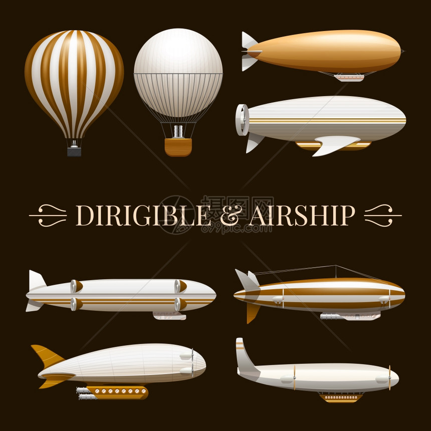 气球飞艇图标图标与同类型的气球飞艇矢量插图图片