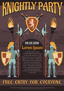 纹章骑士海报纹章邀请海报与两个骑士附近城堡入口平矢量插图图片