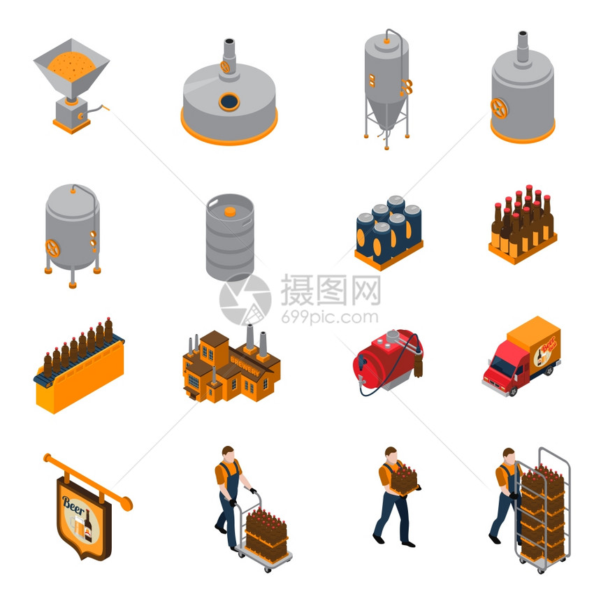 啤酒厂等距图标啤酒厂等距图标啤酒生产分配符号隔离矢量插图图片