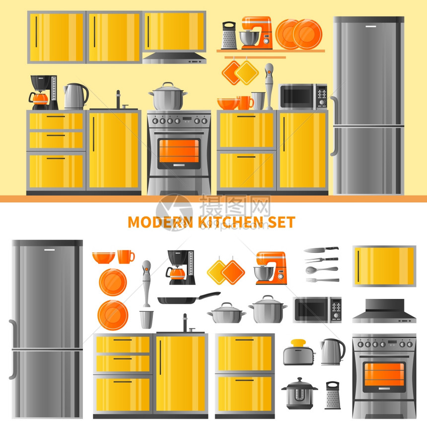 厨房理念与国内技术两个水平横幅与厨房现实理念,现代家庭技术厨具平矢量插图图片