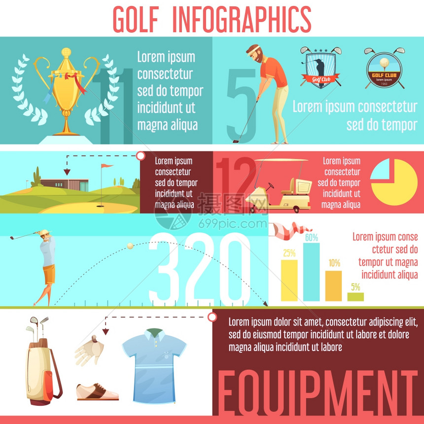 高尔夫运动信息摄影复古卡通海报高尔夫运动流行按世界统计最佳设备选择信息图表复古卡通海报矢量插图图片
