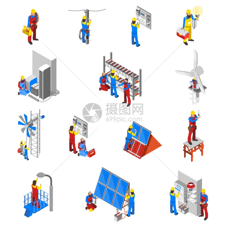 电工图标电工图标工具设备等距隔离矢量插图图片