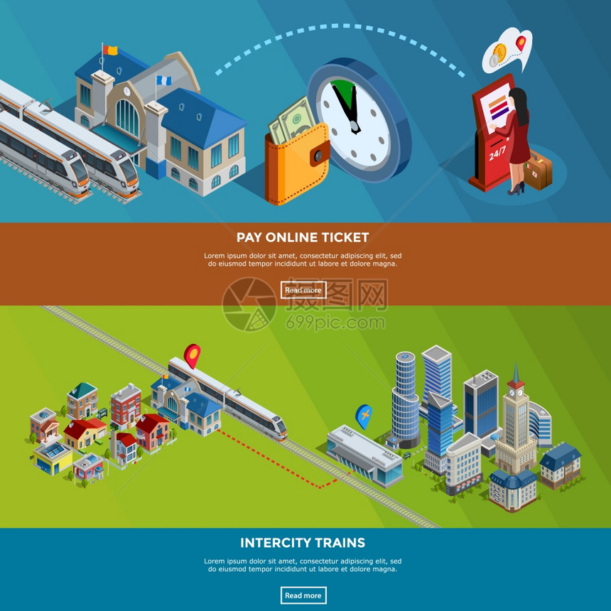 铁路主页2等距横幅铁路互联网页用于网上购票城际列车旅程规划师2等距横幅矢量插图图片