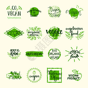 素食元素集纯素元素集绿色标签,标志标志复古风格矢量插图卡片高清图片素材
