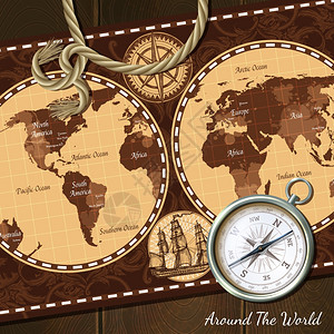 大陆两岸老式航海罗盘背景航海世界复古棕色指南针现实的复古背景矢量插图插画