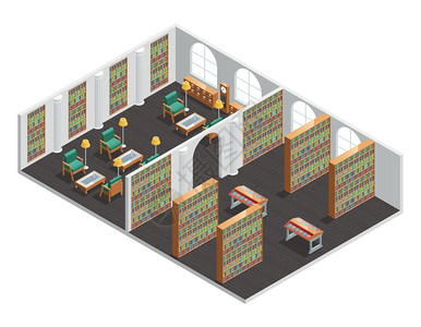 书店图书馆等距内部等距空书店图书馆房间与书架扶手椅矢量插图图片