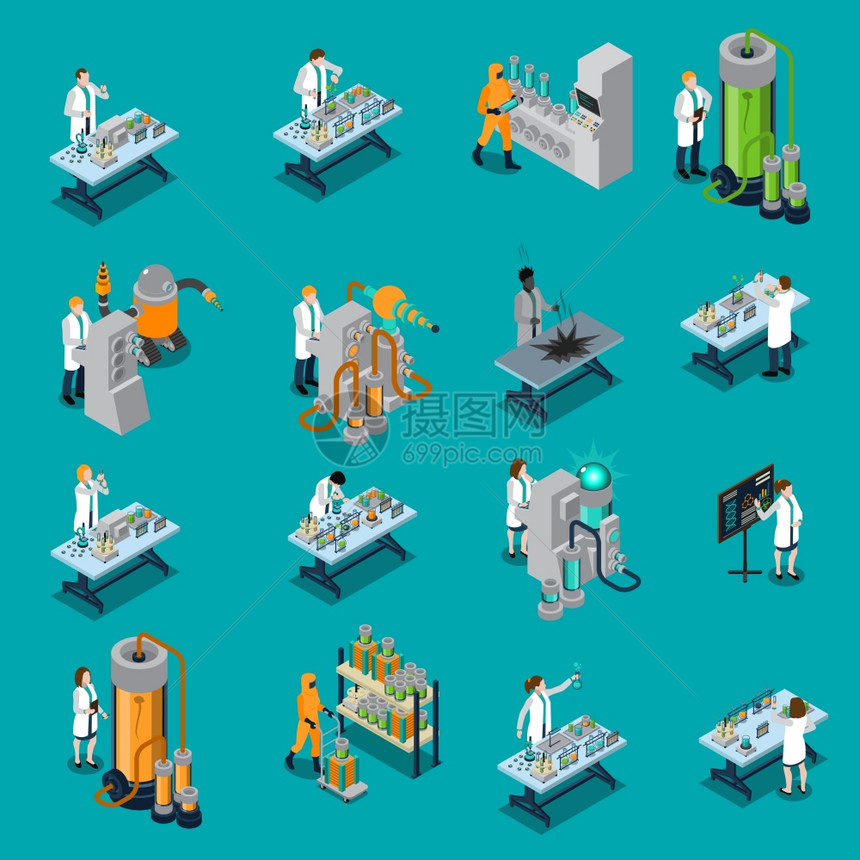 科学家图标集科学家等距图标实验符号蓝色背景隔离矢量插图图片