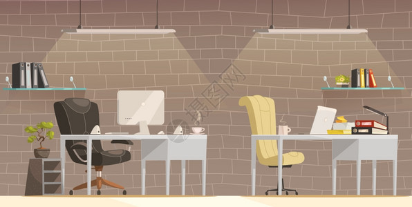 现代办公桌照明卡通海报现代照明解决方案为办公室舒适创造的工作环境卡通海报砖墙背景矢量插图书高清图片素材