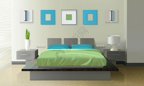 现代卧室写实现代卧室写实与床花瓶灯写实矢量插图图片
