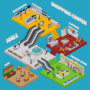 购物中心的成购物中心等距构图与大厅咖啡厅杂货店服装矢量插图图片