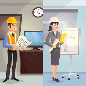 工程师卡通垂直横幅工程师卡通垂直横幅与男女工人办公室的平风格矢量插图图片