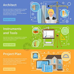 建筑师平横横幅建筑师平横横幅套仪器工具图标广告的房屋规划矢量插图图片
