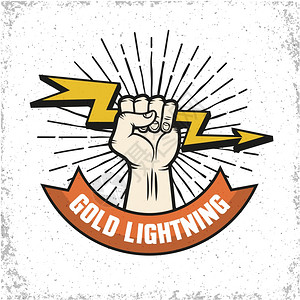 闪电标志标志平标志标志公司与人的手握黄金闪电纹理背景矢量插图图片