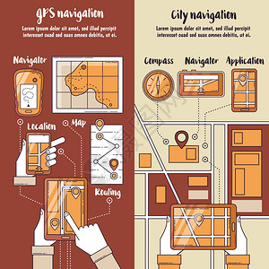 导航垂直横幅城市导航平垂直横幅与路由屏幕上的小工具人们手中矢量插图图片