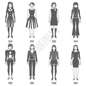 时尚进化黑白图标集女时尚黑白图标时尚发展矢量插图女时尚进化装饰套装时尚进化集时尚进化平孤立集背景图片