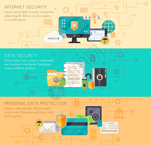 线数据保护3平横幅线业务处理个人数据保护互联网安全3平横幅与信息图元素隔离矢量插图背景图片