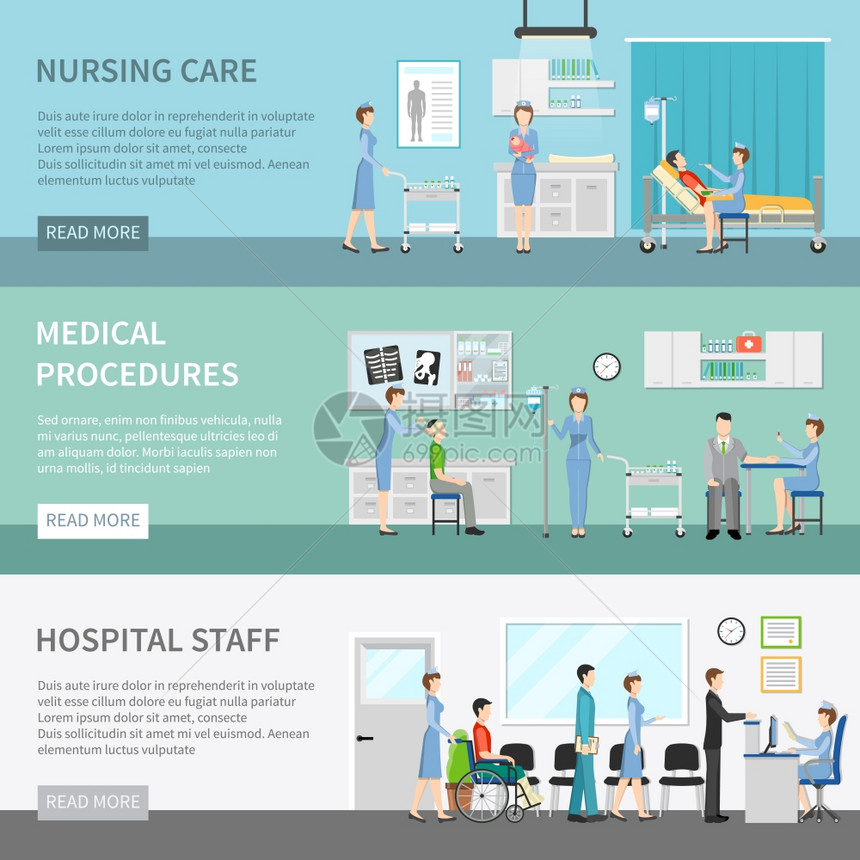 护士保健横向横幅医疗保健横向横幅与病人诊所内部护士执行医疗程序平矢量插图图片