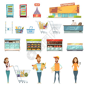 人们超市卡通图标超市杂货店购物复古卡通图标与客户推车篮子食品产品矢量插图背景图片