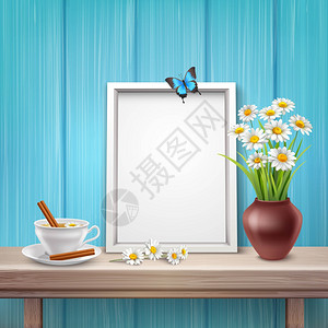 光框架模型轻框架模型与杯子花瓶花蝴蝶现实风格的矢量插图图片