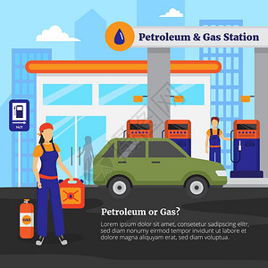石油加油站插图石油加油站与工人汽车商店平矢量插图图片