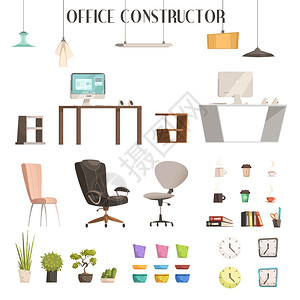 现代办公配件卡通套装现代室内家具配件卡通风格的图标,为时尚的办公室翻新建筑矢量插图专业的高清图片素材