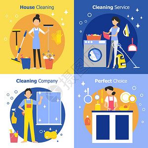 清洁人的清洁人员的与家庭主妇,女佣公司工人平风格矢量插图图片