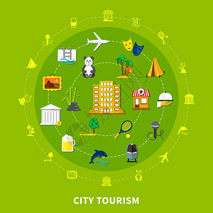 城市旅游理念城市旅游理念与地标博物馆展示动植物食品圆形图标平矢量插图图片