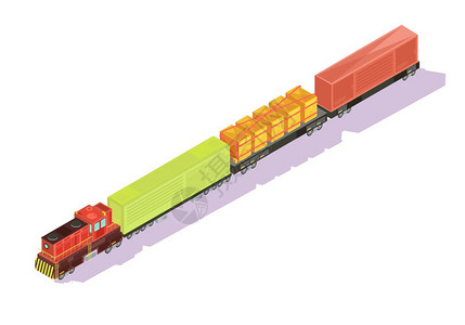 货运列车等距成火车等距的货运列车与货物牛车空白背景与阴影矢量插图图片