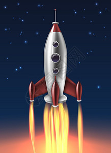 现实的金属火箭发射背景海报金属太空火箭发射写实复古海报与夜蓝色明亮的炽热底部背景矢量插图星星高清图片素材
