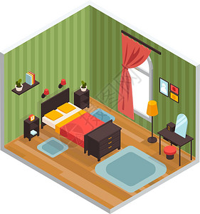 卧室内部卧室内部与床镜地毯等距矢量插图图片