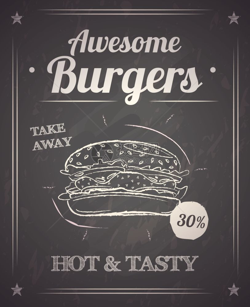 黑板上的汉堡单色海报热美味的汉堡射线与折扣单色手绘海报上的黑色黑板矢量插图图片
