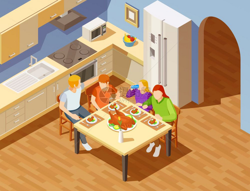 厨房等距图像中的家庭晚餐家庭四个周末晚餐厨房桌子等距视图与炸鸡菜图片
