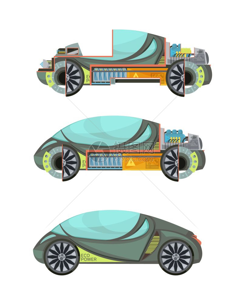 电动汽车彩色环保电动汽车白色背景矢量插图上隔离图片