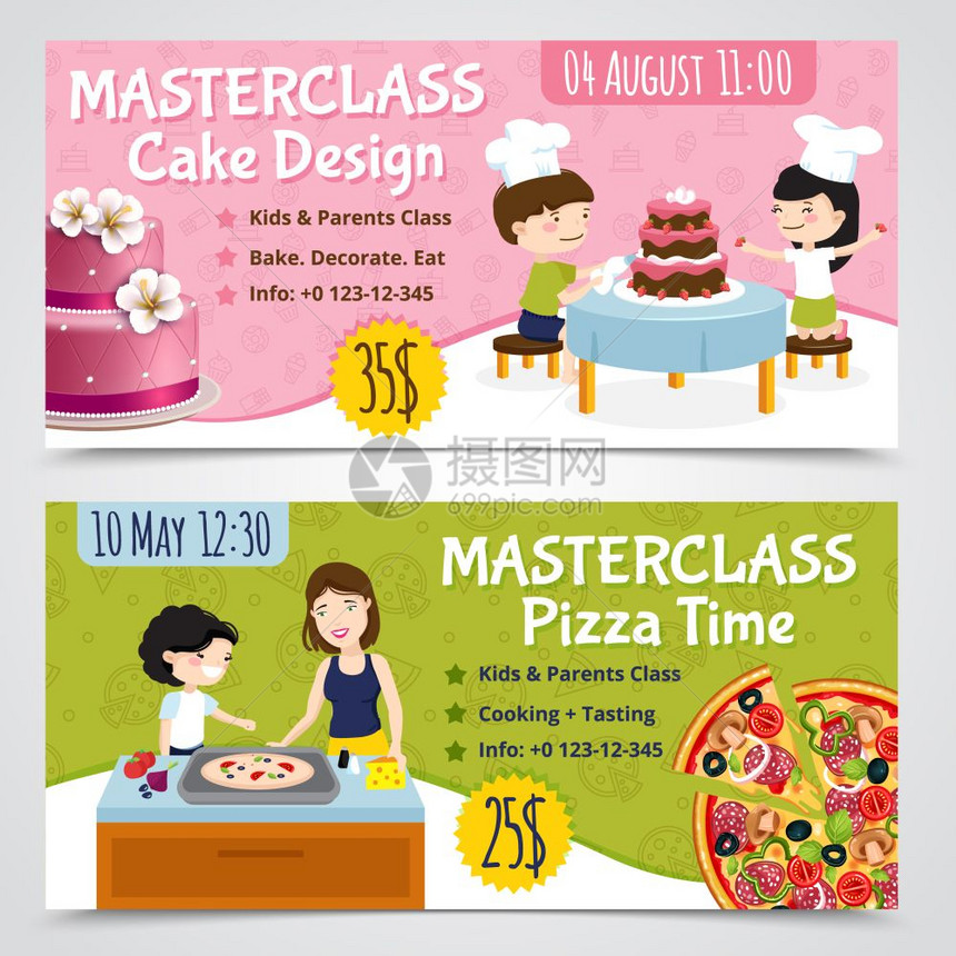 烹饪大师横幅套孩子们烹饪水平横幅两个卡通节目账单,比萨饼蛋糕与可编辑的文本矢量插图图片
