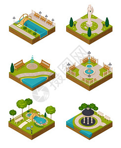 套等距景观成套等距景观成的城市建设者与树池喷泉长凳隔离矢量插图背景图片