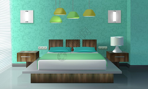 卧室室内卧室室内与床床头柜灯现实矢量插图图片