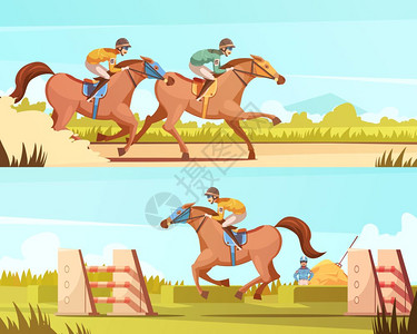 骑马比赛马术运动水平横幅马术运动水平横幅与骑马赛车卡通作品平矢量插图插画