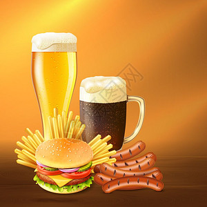 薯条汉堡宣传单现实的啤酒插图同的启动器璃杯子充满冷啤酒现实矢量插图插画