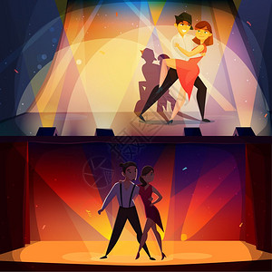 舞台上的人舞蹈横幅复古卡通萨尔萨探戈舞台2复古卡通横幅与舞蹈聚光灯怀旧海报孤立矢量插图插画