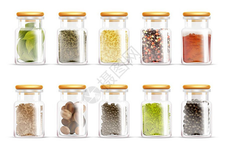 草药香料罐图标隔离彩色草药香料罐子图标现实风格与同的香料内部矢量插图图片