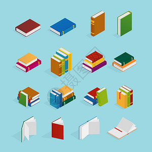 书籍等距图标等距图标与书籍彩色封与书签蓝色背景孤立矢量插图图片