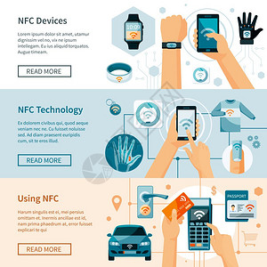 NFC技术水平横幅水平横幅用NFC技术数字设备光背景上隔离矢量插图图片