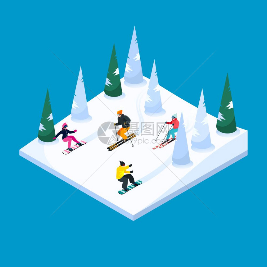 滑雪景观等距元素滑雪山广场等距风景元素与彩色滑雪者滑雪板人物雪地形树木矢量插图图片