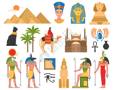 古埃及文化埃及艺术平收藏埃及古埃及偶像雕像建筑结构平图像空白背景矢量插图插画