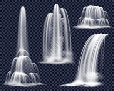 瀑布矢量透明背景上的现实瀑布逼真的瀑布,包括透明背景孤立矢量插图上各种形状的瀑布流插画
