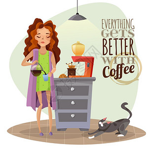 早上醒来喝杯咖啡早上醒来卡通矢量插图与轻女孩倒咖啡杯咖啡机猫图片