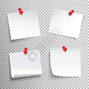 钉纸套空白白纸与红色推钉透明背景上,真实的孤立矢量插图图片