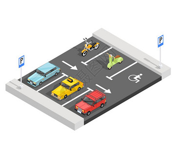公园等距成运输等距成与停车区部分交通标志,沥青标记,汽车自行车与阴影矢量插图背景图片