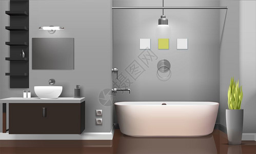 灰色毛巾现代写实浴室室内现代写实浴室室内与白色卫生设备,货架灰色墙壁,装饰植物矢量插图插画