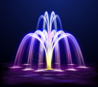 喷泉夜晚点燃的夜晚喷泉现实插图现代灯光夜间喷泉照亮黄色紫色的深色背景现实矢量插图插画